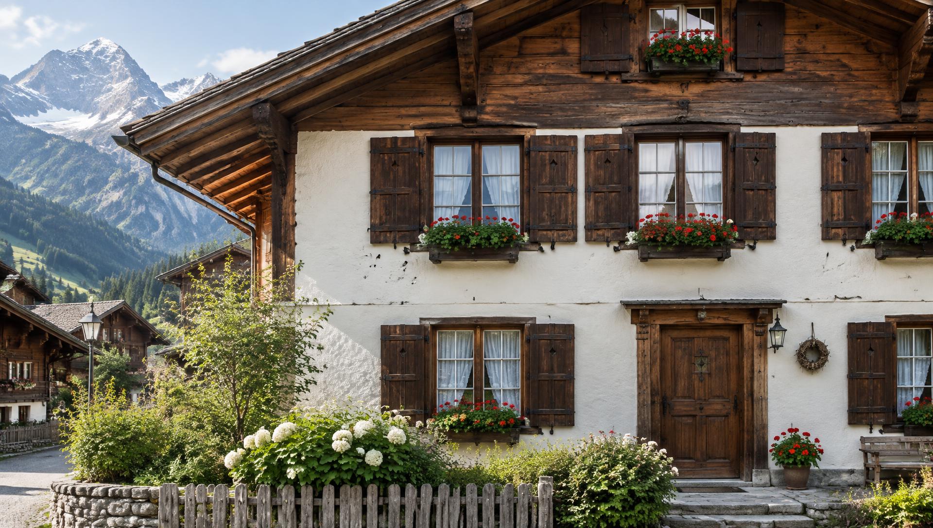Illustration: traditionelle Chaletfassade mit Verputz und Holzfensterläden