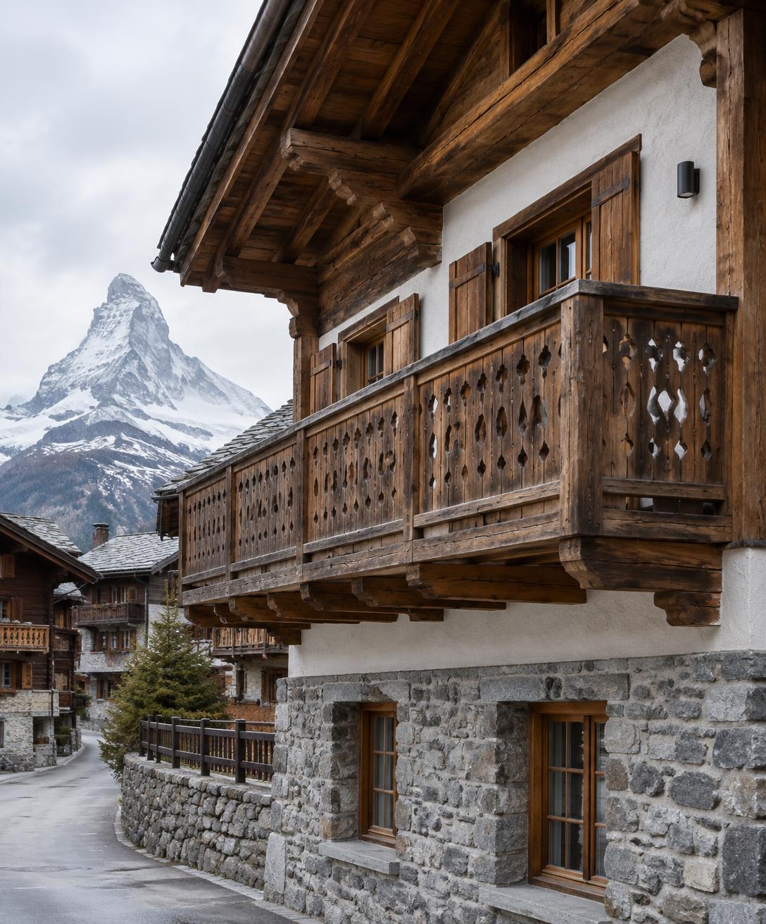 Illustration: Chaletbalkon und Verputz in Zermatt mit Matterhorn